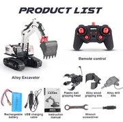 Huina 1594 1:14 RC Excavator 22CH 2.4GHz Alloy Metal Construction Vehicle with 4 Interchangeable Attachments